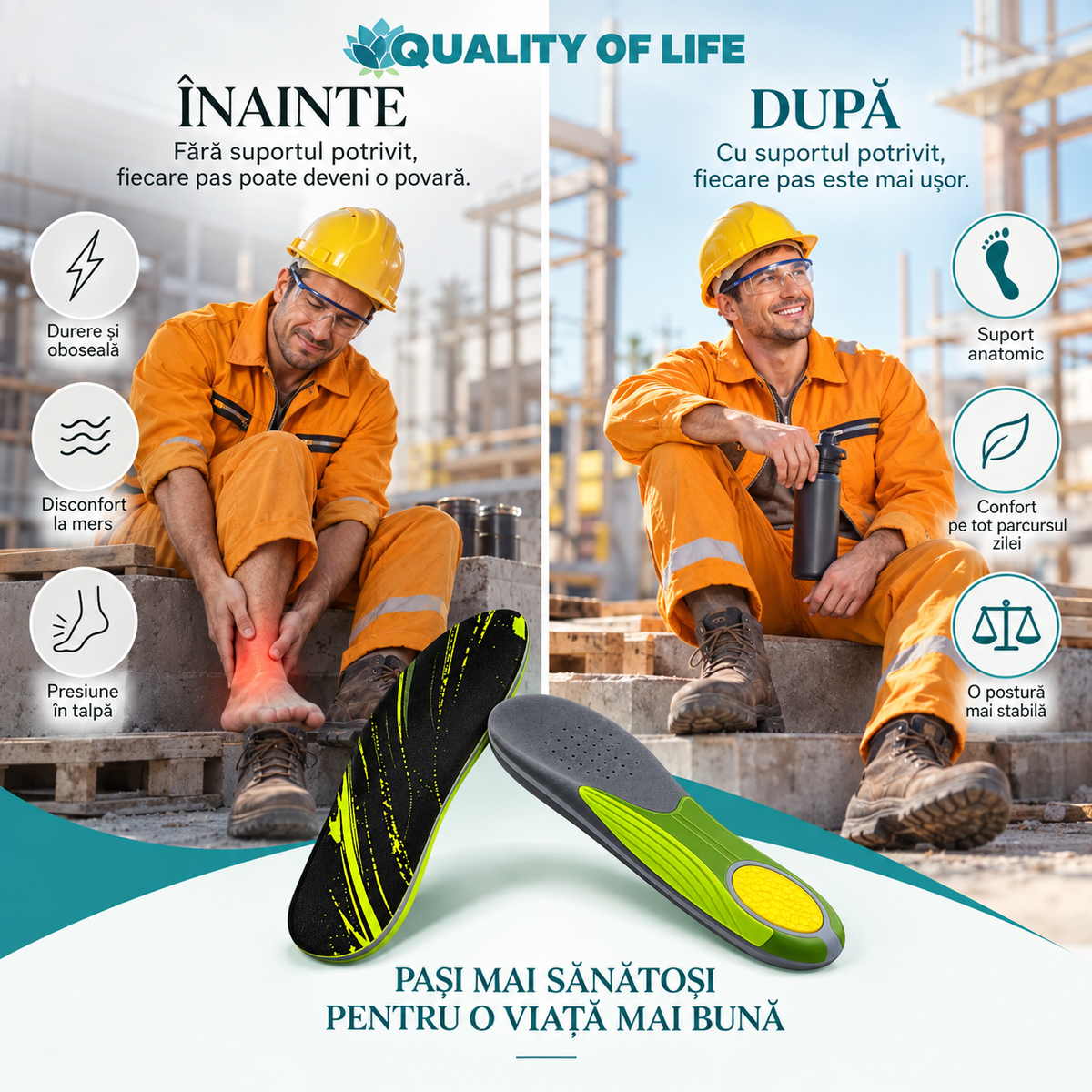 Branțuri Quality of Life™ cu Suport pentru Arcadă și Călcâi, Confort Zilnic și Susținere Plantară