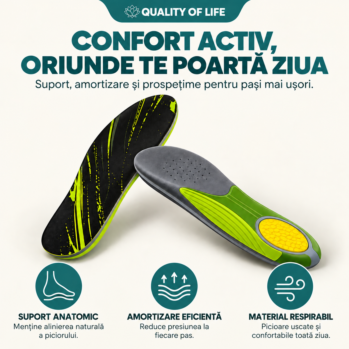 Branțuri Quality of Life™ cu Suport pentru Arcadă și Călcâi, Confort Zilnic și Susținere Plantară